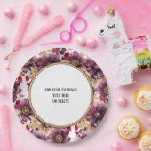 Wit Elegant Goud Bourgogne Bloemen patroon rand Papieren Bordje (Feest)