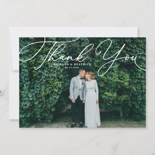 Wit Elegant Handgeschreven Script Fotobruiloft Bedankkaart (Voorkant)