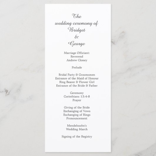 Wit Elegant Minimaal Bruiloft Programmakaart (Achterkant)