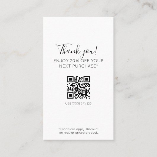 Wit Elegant Minimaal Script Promo Korting QR Visitekaartje (Voorkant)