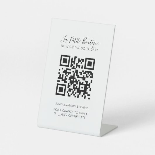 Wit Elegant Minimaal Script QR Google Review Reclamebord Met Voetstuk (Voorkant)