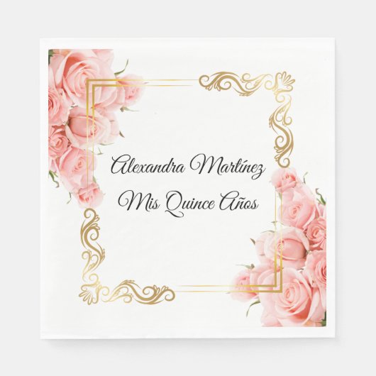 Wit Elegant Roos Flower Gold Quinceañera Servet (Voorkant)