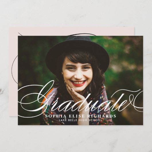 Wit Elegant Script Photo Afstuderen Kaart (Voorkant / Achterkant)