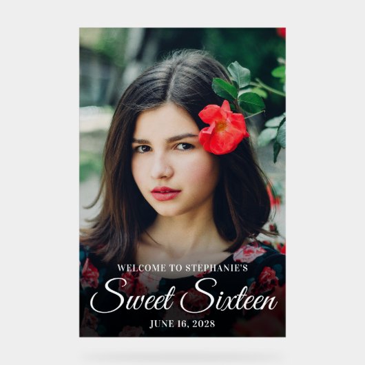 Wit Elegant Script Sweet Sixteen Foto Acryl Bord (Voorkant)