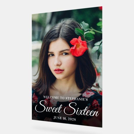 Wit Elegant Script Sweet Sixteen Foto Acryl Bord (Hoek)