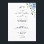 Wit | Elegante blauwe beige hortensia bruiloft Menu<br><div class="desc">Deze blauw-witte hortensia huwelijksmenu's zetten een gastvrije,  elegante en jeugdige toon. Hortensia's zijn altijd een zeer populaire bloemkeuze geweest voor bruiloften. Deze kaart is voorzien van 2 gratis lettertypen tegen een frisse witte achtergrond en een hortensia bloemstuk in de rechterbovenhoek.</div>