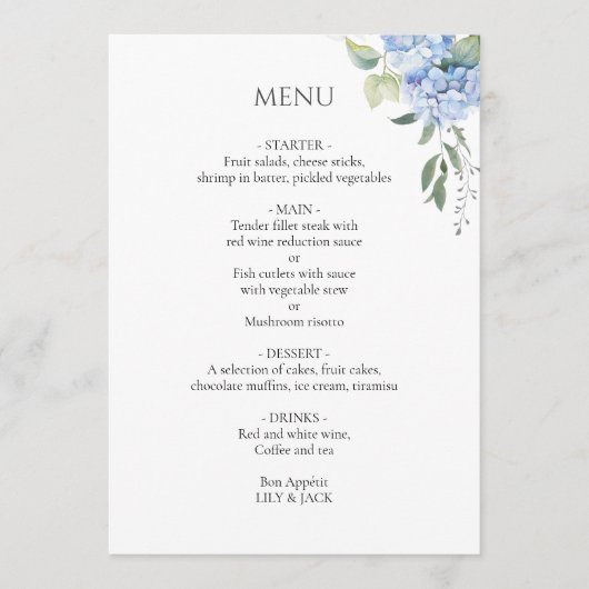 Wit | Elegante blauwe beige hortensia bruiloft Menu (Voorkant)