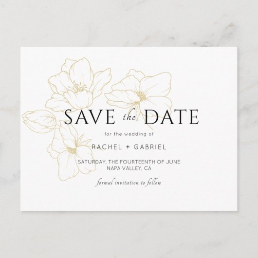 Wit | Elegante gouden bloemenbruiloft Save the Dat Briefkaart (Voorkant)