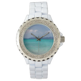 Wit emaille horloge met Island Scene