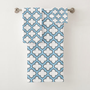 Wit en Baby Blauw Trellis, Lattice, Quatrefoil Bad Handdoek