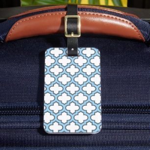 Wit en Baby Blauw Trellis, Lattice, Quatrefoil Bagagelabel