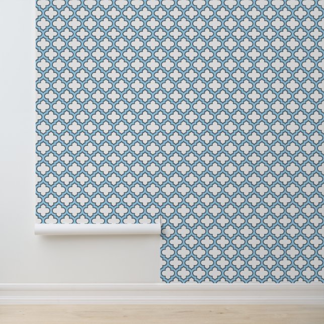 Wit en Baby Blauw Trellis, Lattice, Quatrefoil Behang (Applicatie)