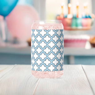 Wit en Baby Blauw Trellis, Lattice, Quatrefoil Blikvorm Glas