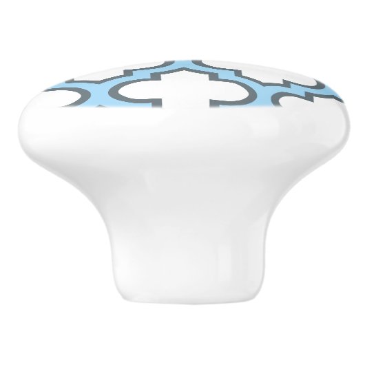 Wit en Baby Blauw Trellis, Lattice, Quatrefoil Keramische Knop (Zijkant)