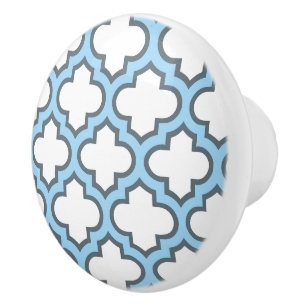 Wit en Baby Blauw Trellis, Lattice, Quatrefoil Keramische Knop