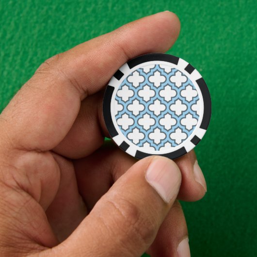 Wit en Baby Blauw Trellis, Lattice, Quatrefoil Poker Chips (Hand)