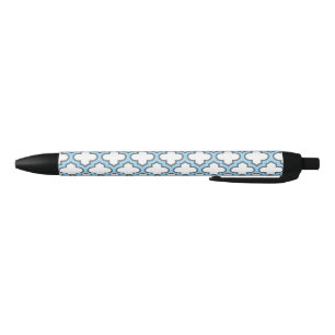 Wit en Baby Blauw Trellis, Lattice, Quatrefoil Zwarte Inkt Pen