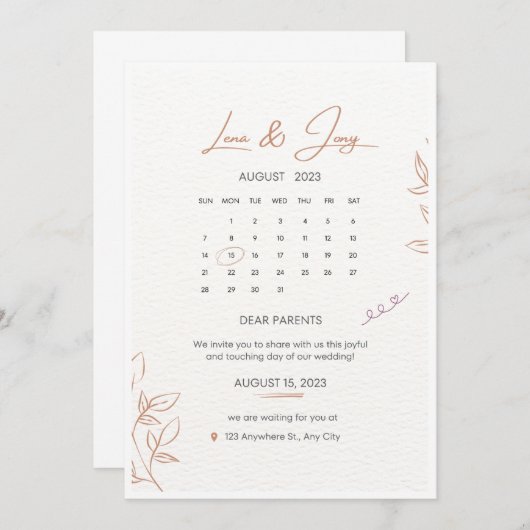 Wit en beige minimalistische kalender bruiloft uit kaart (Voorkant / Achterkant)