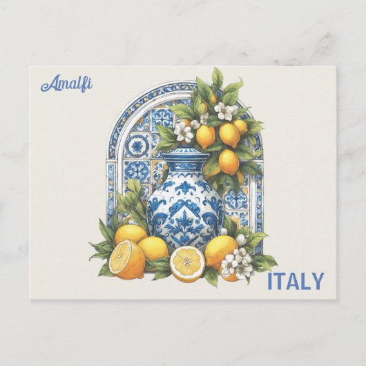 Wit en Blauw Amalfi Keramische Vaas Citroenen Ital Briefkaart (Voorkant)