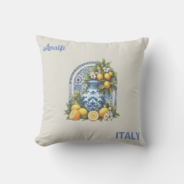 Wit en Blauw Amalfi Keramische Vaas Citroenen Ital Kussen (Voorkant)