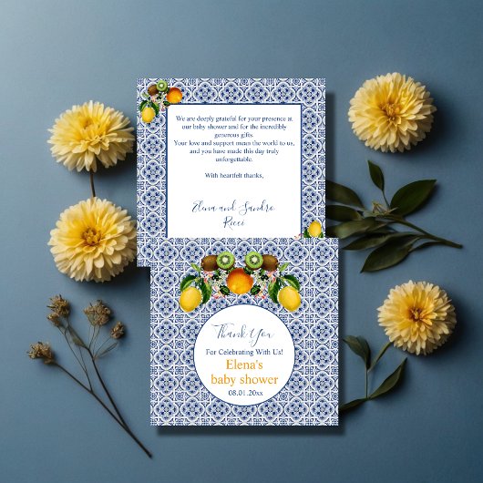 Wit en Blauw Amalfi Lemons Italië Baby shower Bedankkaart