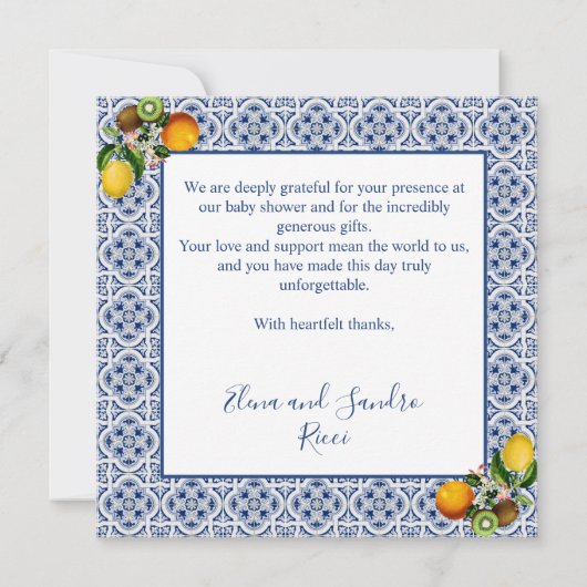 Wit en Blauw Amalfi Lemons Italië Baby shower Bedankkaart (Achterkant)
