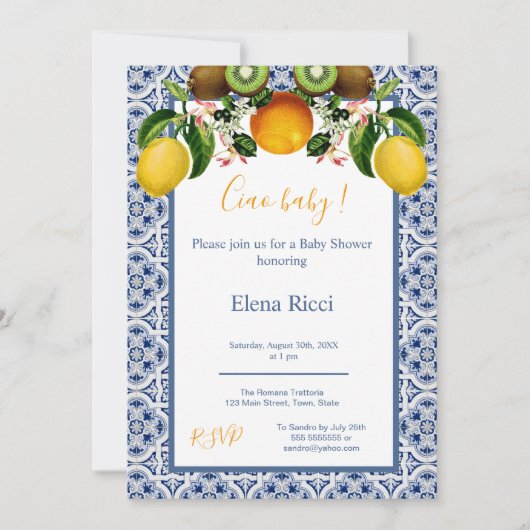 Wit en Blauw Amalfi Lemons Italië Baby shower Kaart (Voorkant)