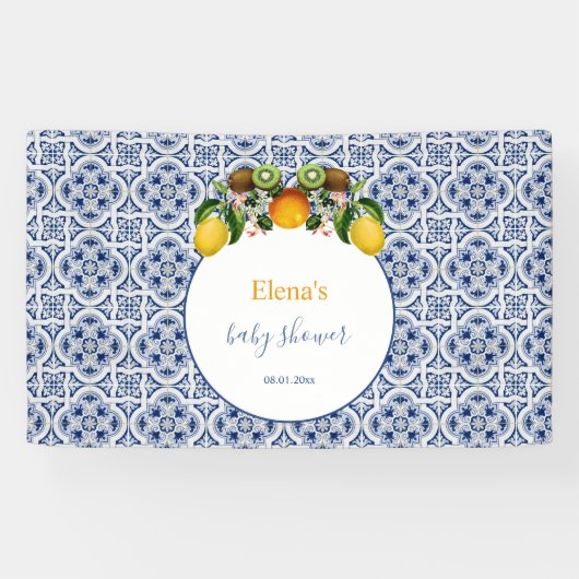 Wit en Blauw Amalfi Lemons Italië Baby shower Spandoek (Horizontaal)
