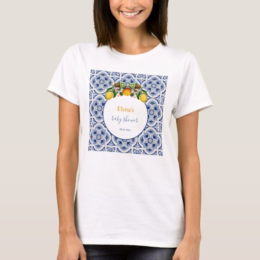 Wit en Blauw Amalfi Lemons Italië Baby shower T-shirt (Voorkant)