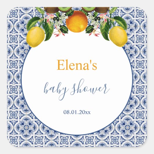 Wit en Blauw Amalfi Lemons Italië Baby shower Vierkante Sticker (Voorkant)