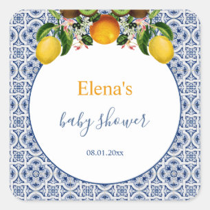 Wit en Blauw Amalfi Lemons Italië Baby shower Vierkante Sticker
