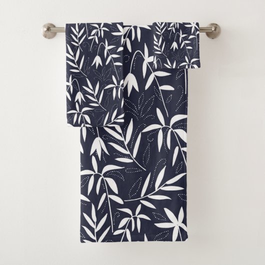 Wit en blauw bamboe blad patroon bad handdoek (Insitu)