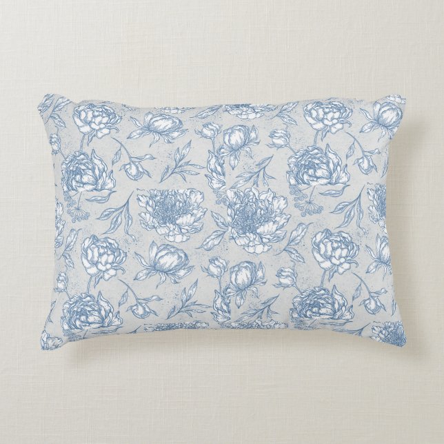 Wit en blauw  Bloemen Geïllustreerd Accent Kussen (Voorkant)