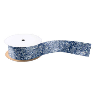 Wit en blauw  Bloemen Paisley Satijnen Lint