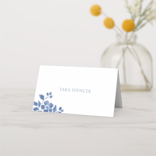 Wit en blauw | bloemenbruiloft plaatskaartje (Voorkant)