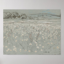 Wit en blauw bloemenveld vintage kunstprint