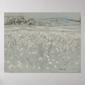 Wit en blauw bloemenveld vintage kunstprint poster