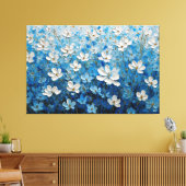 Wit en Blauw Bloemig Textuur Schilderij – Abstract Canvas Afdruk (Insitu (Woonkamer))