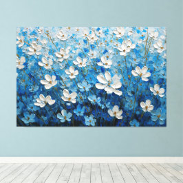 Wit en Blauw Bloemig Textuur Schilderij – Abstract Canvas Afdruk