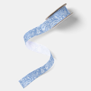 Wit en blauw bloemmotief paisley satijnen lint