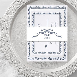 Wit en Blauw | Chic Coquette Strik met Monogram Uitnodigingen Wikkel