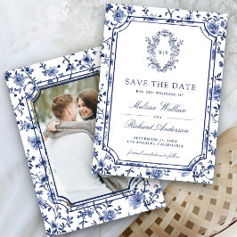 Wit en Blauw Chinees Wapen Foto Bruiloft Save The Date