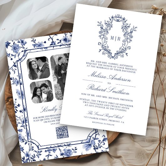 Wit en Blauw Chinoiserie Wapen QR Code Bruiloft Kaart