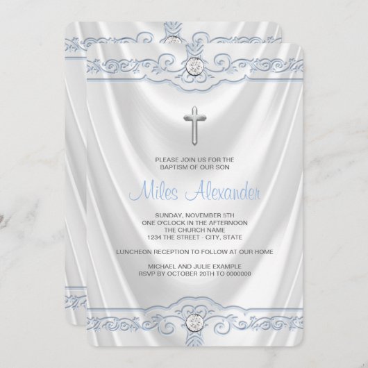 Wit en Blauw Doop Doopsheid Wit Satijn Kaart (Voorkant / Achterkant)