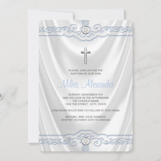 Wit en Blauw Doop Doopsheid Wit Satijn Kaart (Voorkant)