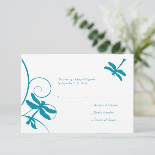 Wit en blauw dragonfly bruiloft RSVP (Staand voorkant)