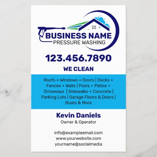 Wit en Blauw Drukwas Services Flyer (Voorkant)