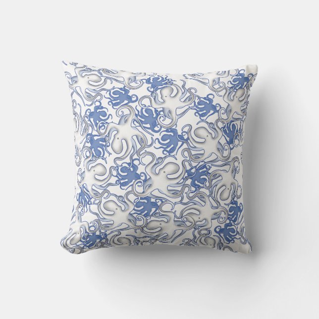 Wit en blauw herhalend motief | Octopuspatroon Kussen (Voorkant)