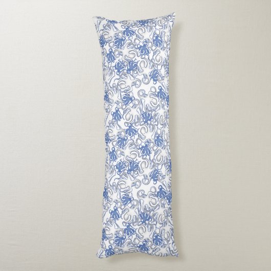 Wit en blauw herhalend motief | Octopuspatroon Lichaamskussen (Achterkant (Verticaal))