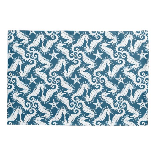 Wit en blauw herhalend motief | Zeepaardpatroon Kussensloop (Achterkant)